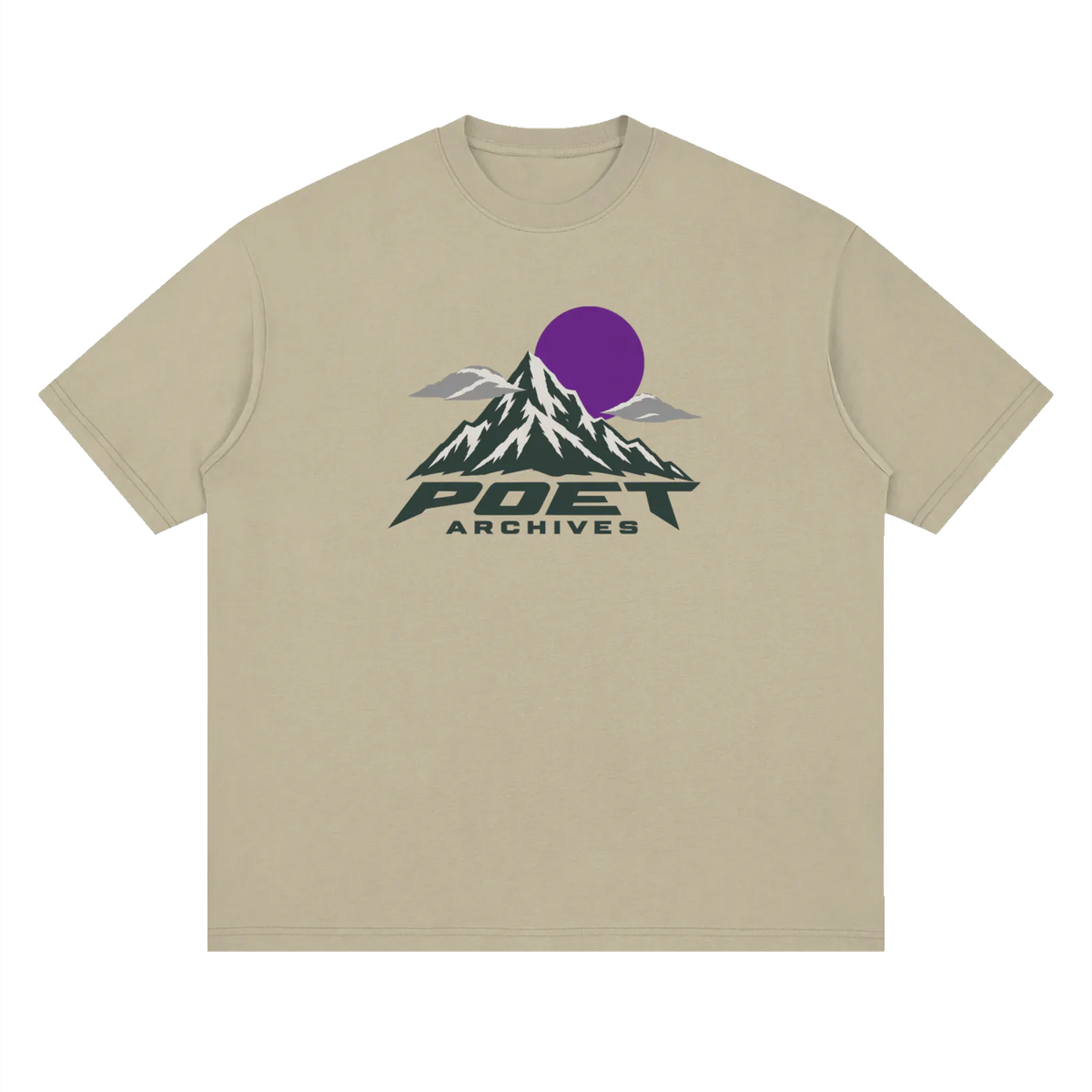 A beige crewneck t-shirt featuring a retro-style mountain graphic with a purple sun and the text 'POET ARCHIVES' printed on the chest.