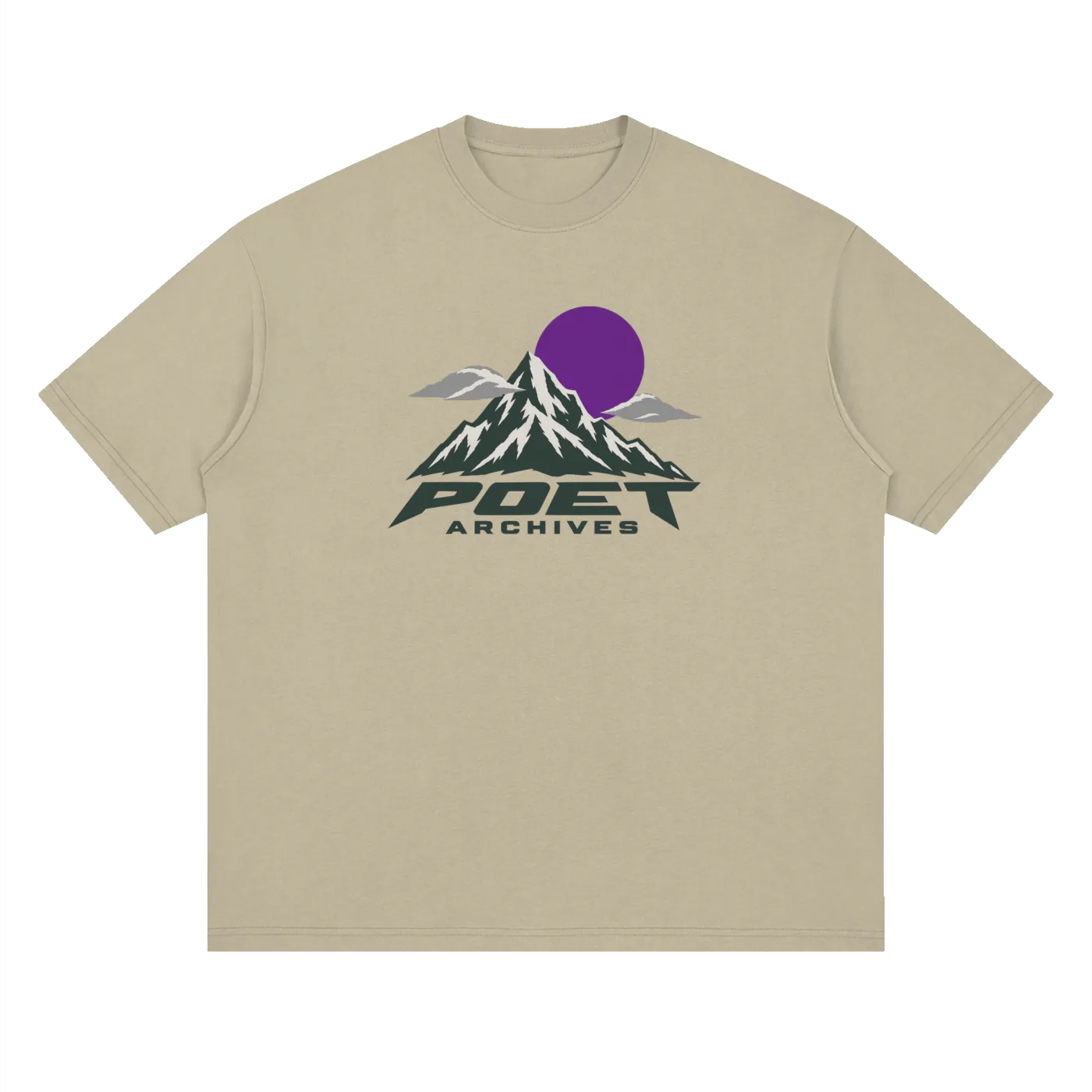 A beige crewneck t-shirt featuring a retro-style mountain graphic with a purple sun and the text 'POET ARCHIVES' printed on the chest.
