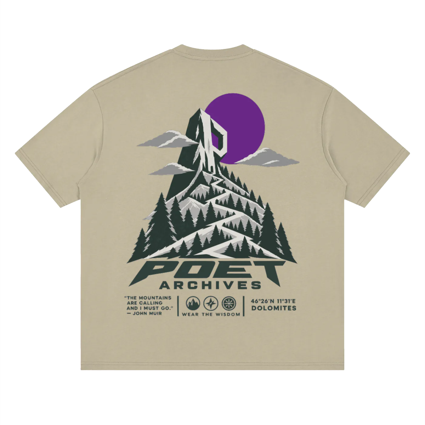 A beige short-sleeve t-shirt shown from the back, featuring a large graphic print of a mountain with pine trees, a purple sun, and the text 'POET ARCHIVES' with smaller quote text below.