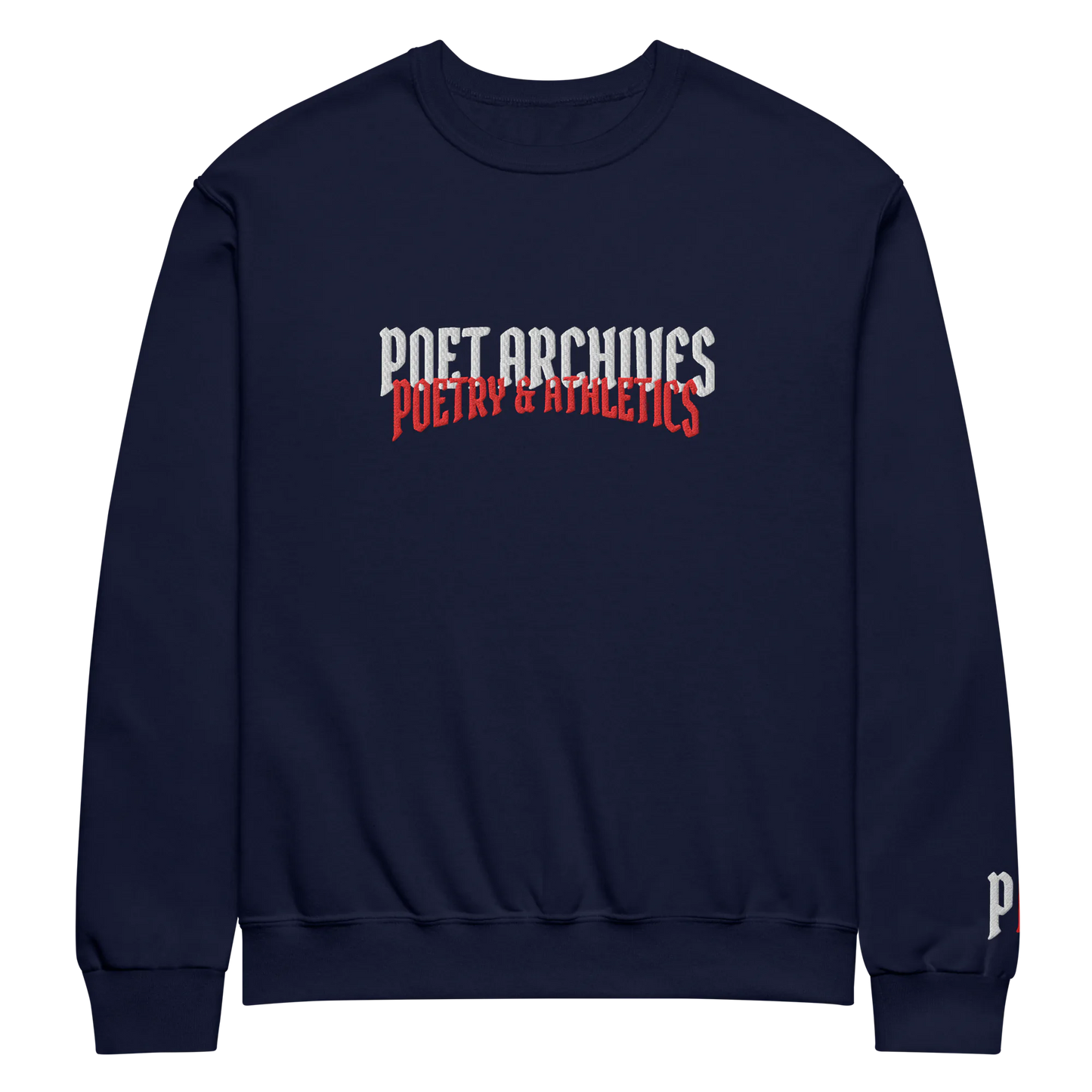Navy blue sweatshirt with 'Poet Archives Poetry & Athletics' text on a white background