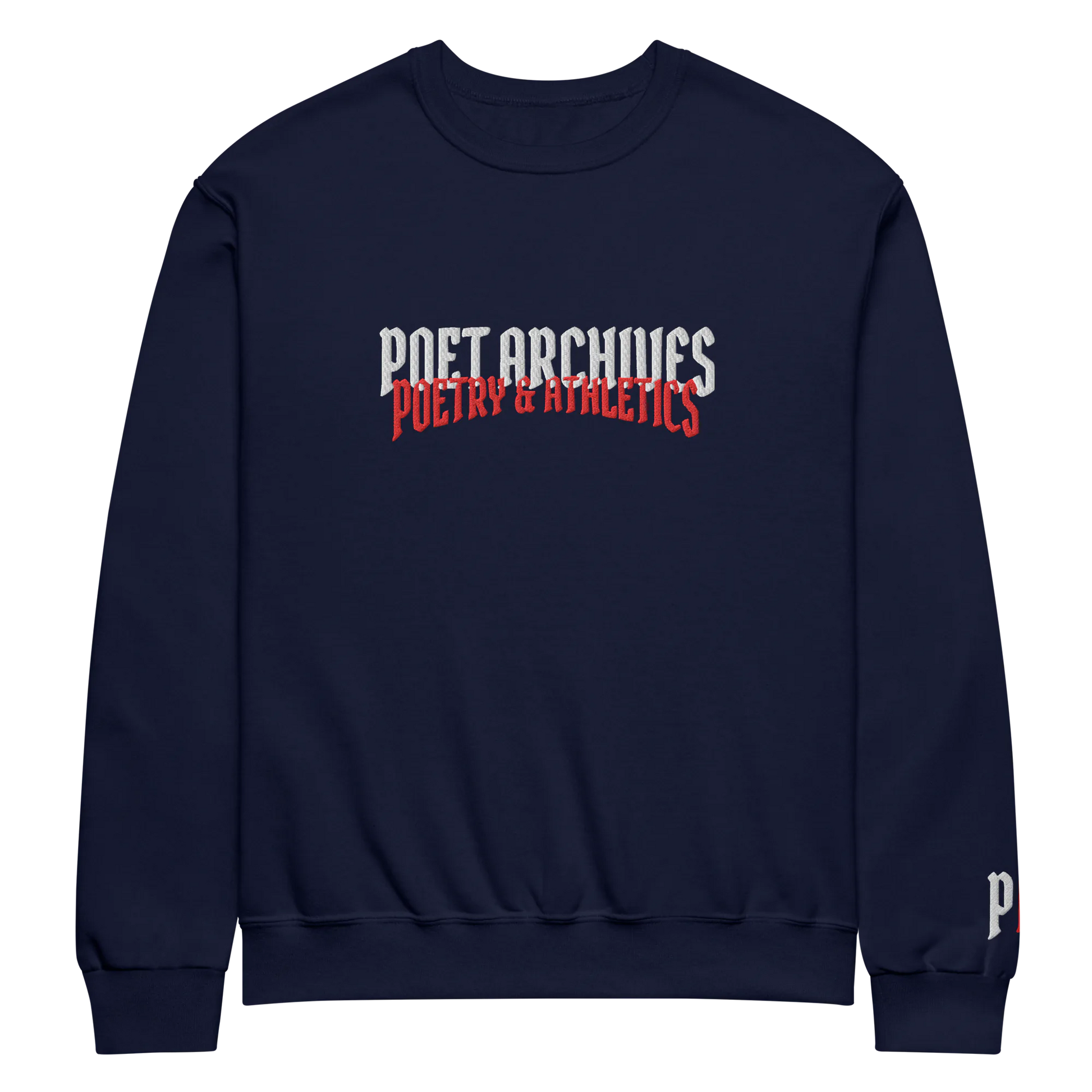 Navy blue sweatshirt with 'Poet Archives Poetry & Athletics' text on a white background