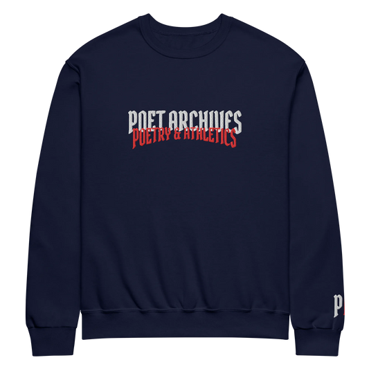 Navy blue sweatshirt with 'Poet Archives Poetry & Athletics' text on a white background