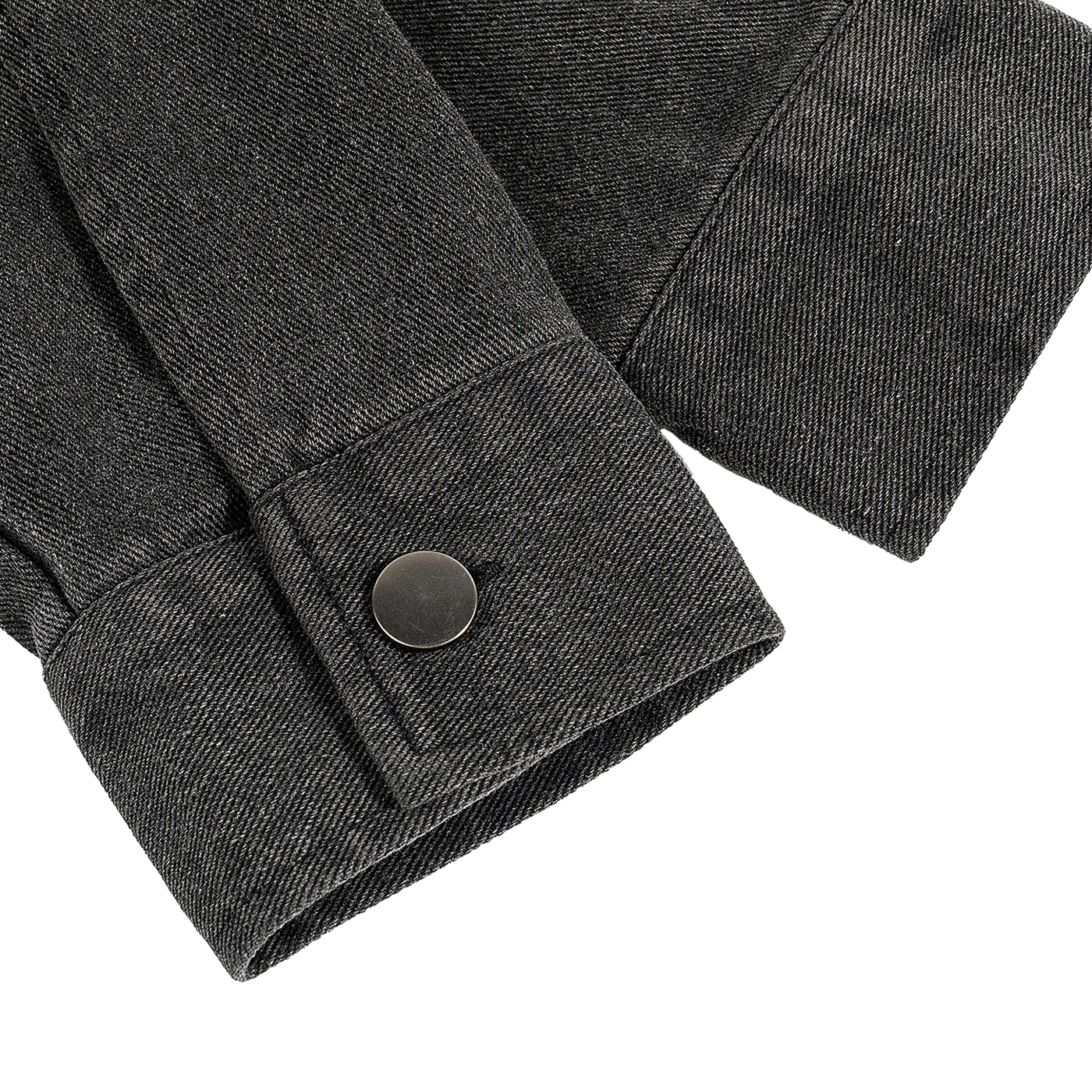 Close-up of a dark gray denim jacket with a button on a white background
