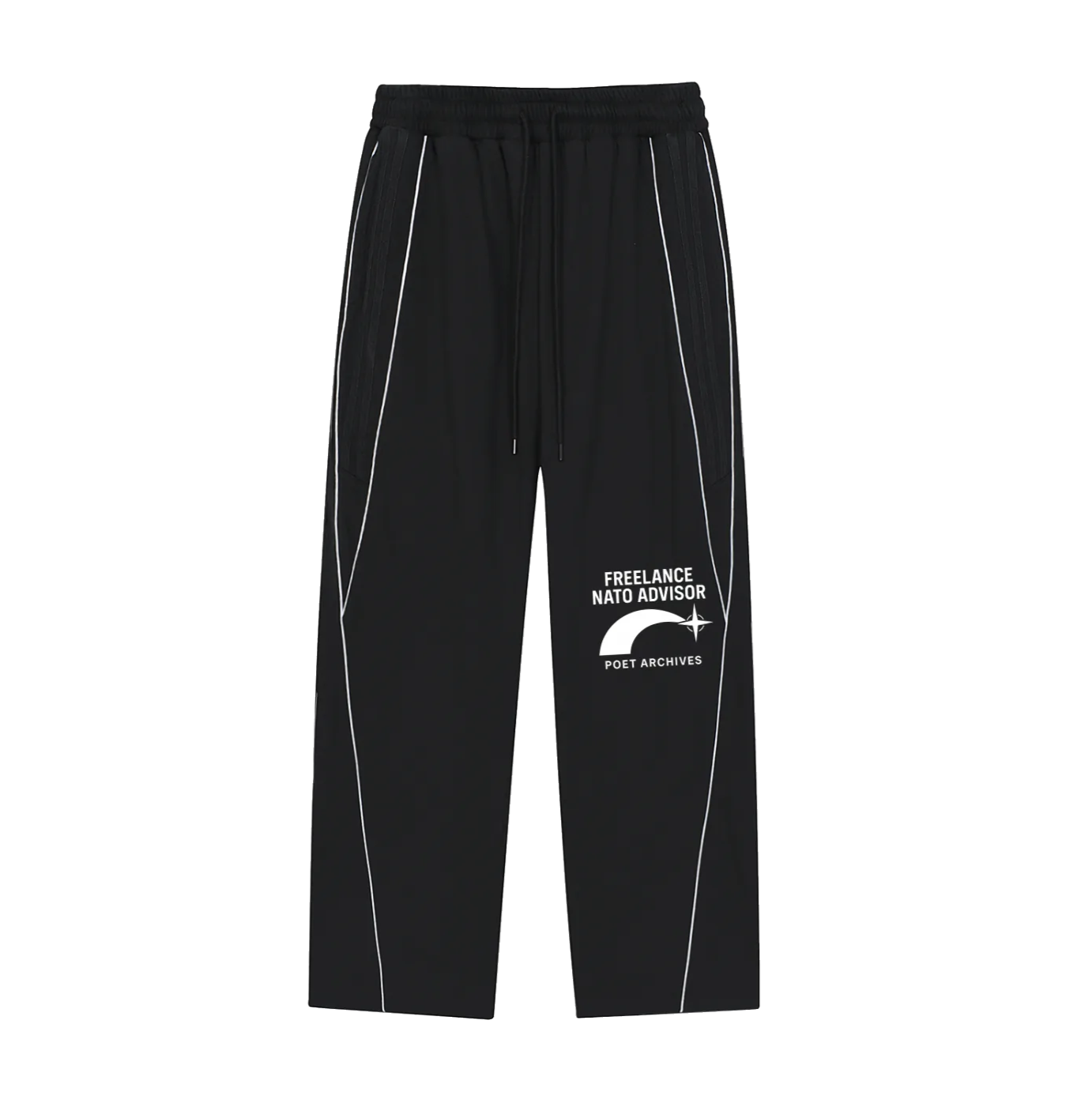 Black pants with white text and logo on a white background