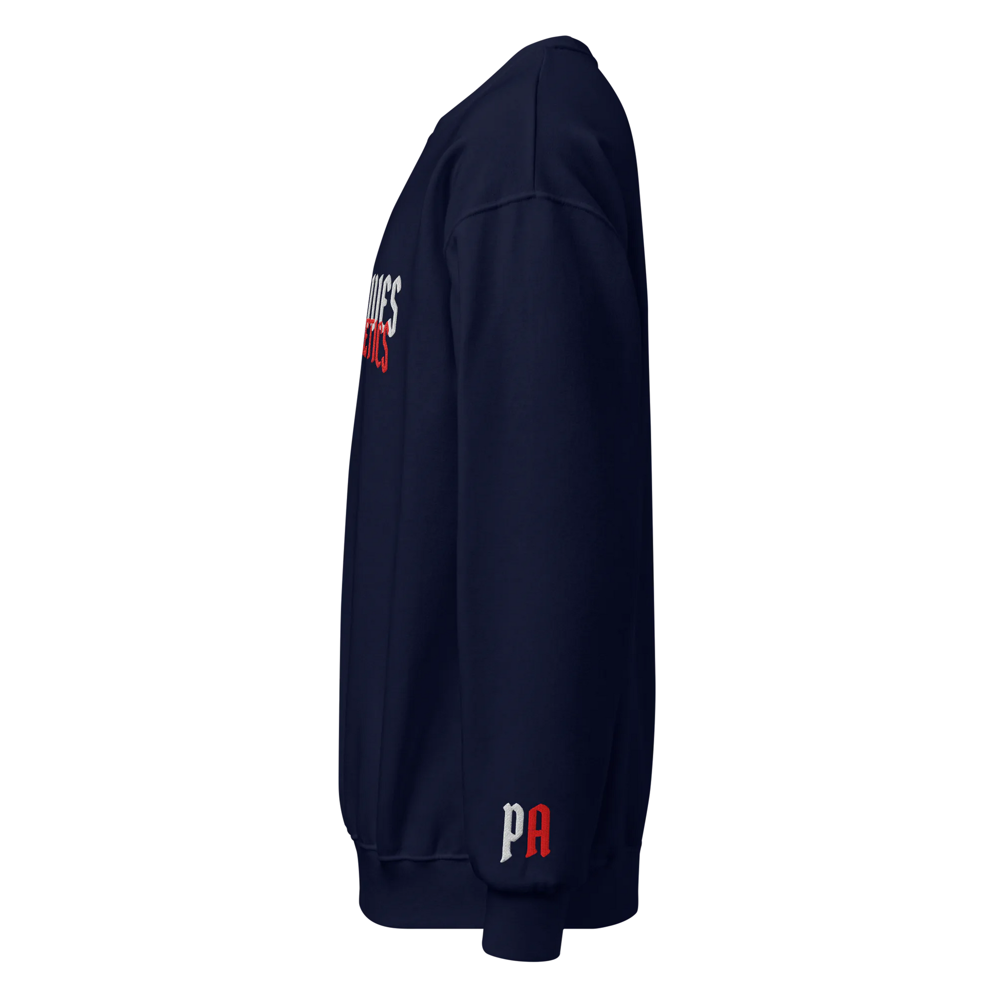 Navy blue sweatshirt with 'PA' logo on a white background