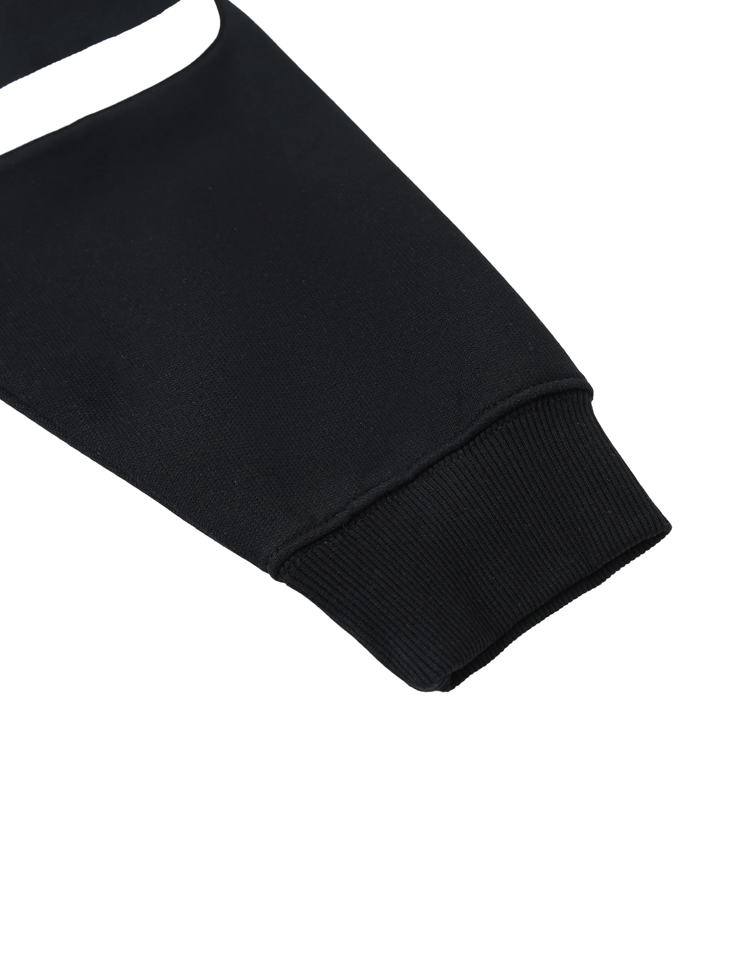 Close-up of a black sleeve with white trim on a white background