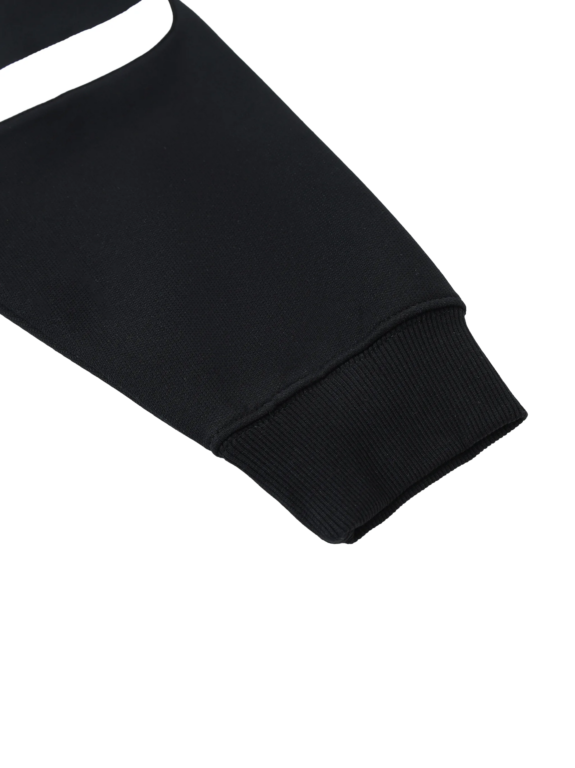 Close-up of a black sleeve with white trim on a white background