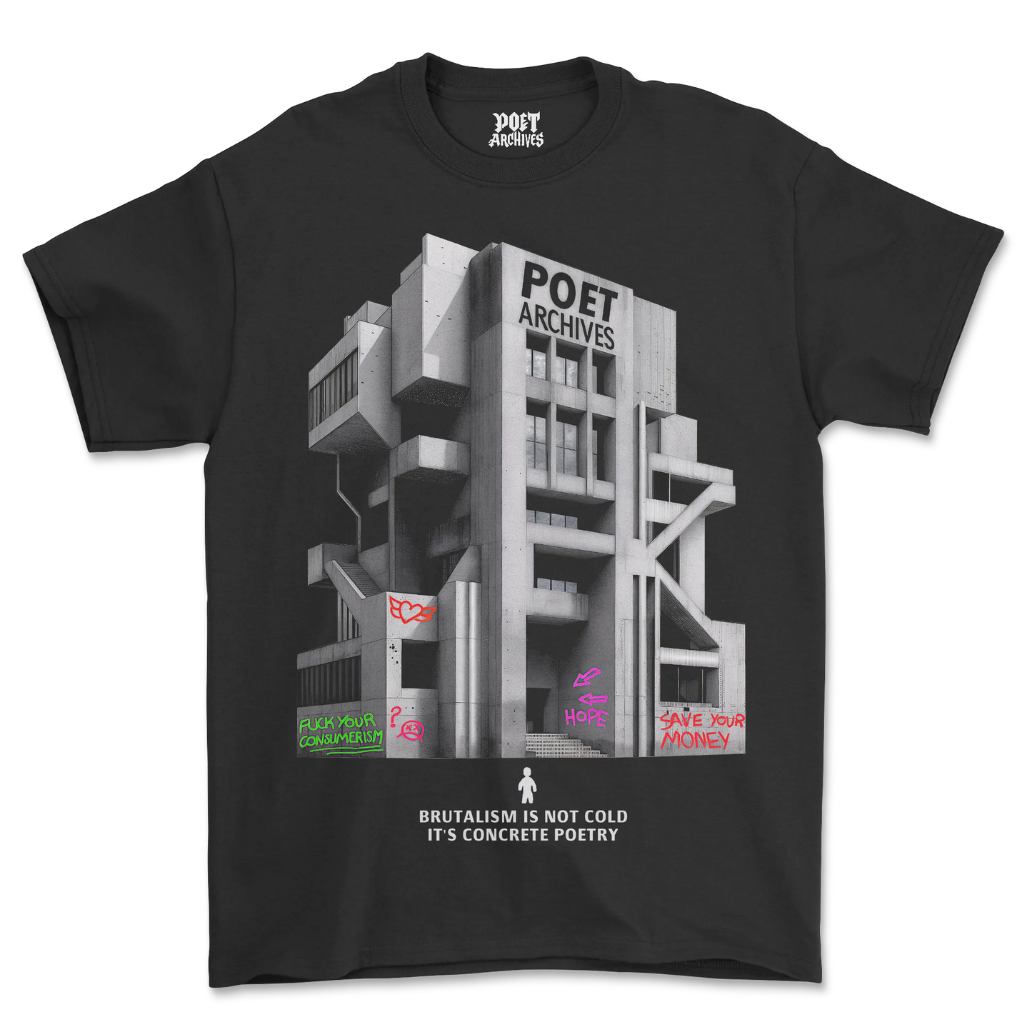 POET ARCHIVES Brutalist Tee (Black) — concrete poetry screen-print, engraved lettering, thick black outline, stencil graffiti, cloud-reflective windows, visible architectural steps, unisex heavy-cotton art tee