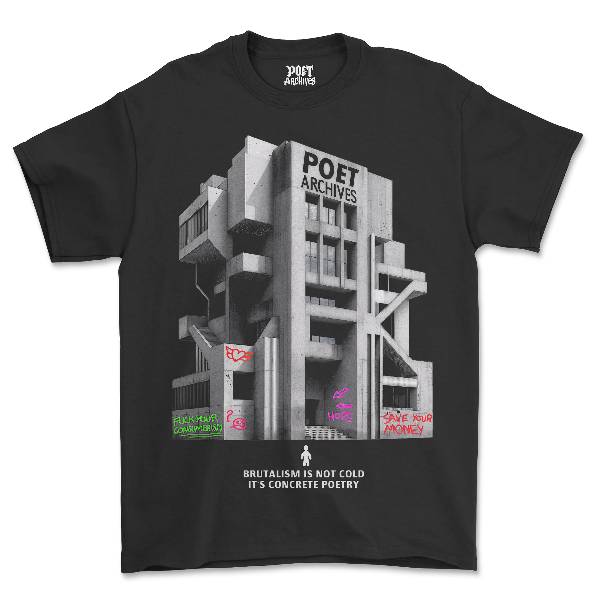 POET ARCHIVES Brutalist Tee (Black) — concrete poetry screen-print, engraved lettering, thick black outline, stencil graffiti, cloud-reflective windows, visible architectural steps, unisex heavy-cotton art tee