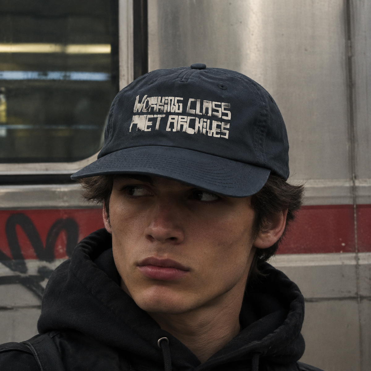 A close-up portrait of a young man wearing a dark navy blue baseball cap with the text 'WORKING CLASS POET ARCHIVES' embroidered in white on the front, set against a gray and red transit vehicle background.