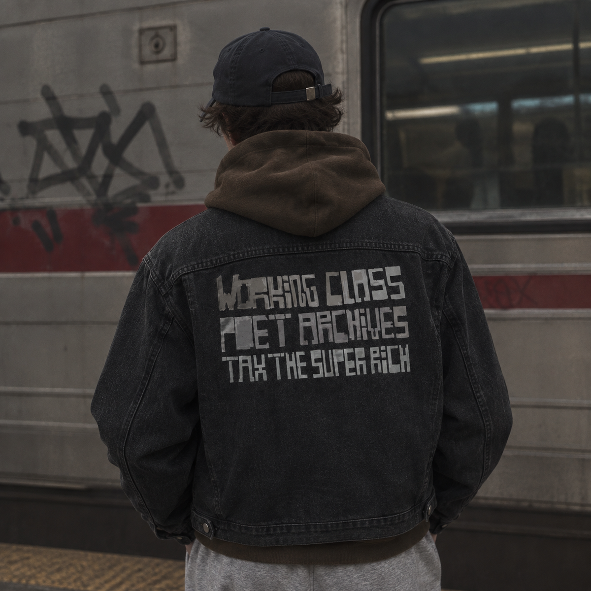 A person viewed from behind wearing a dark washed denim jacket with a brown hood, a navy cap, and light gray sweatpants, standing in front of a subway train with graffiti. The back of the jacket features the text 'WORKING CLASS POET ARCHIVES TAX THE SUPER RICH' in a distressed white font.