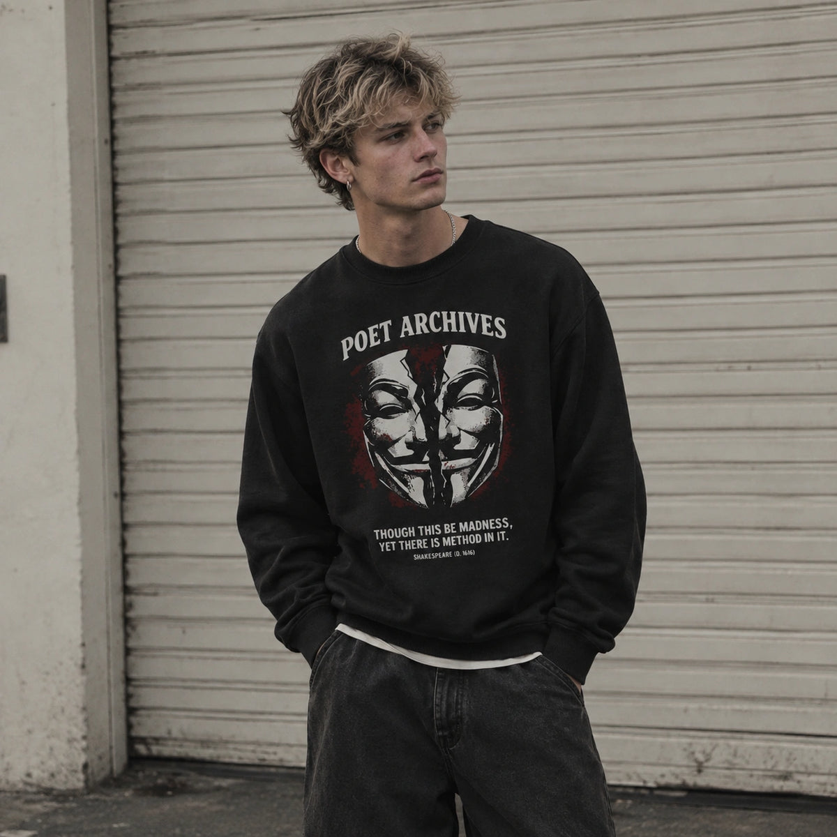 A young man with blonde hair stands in front of a closed metal garage door wearing a black crewneck sweatshirt with a graphic print of the Guy Fawkes mask and the text 'POET ARCHIVES'.