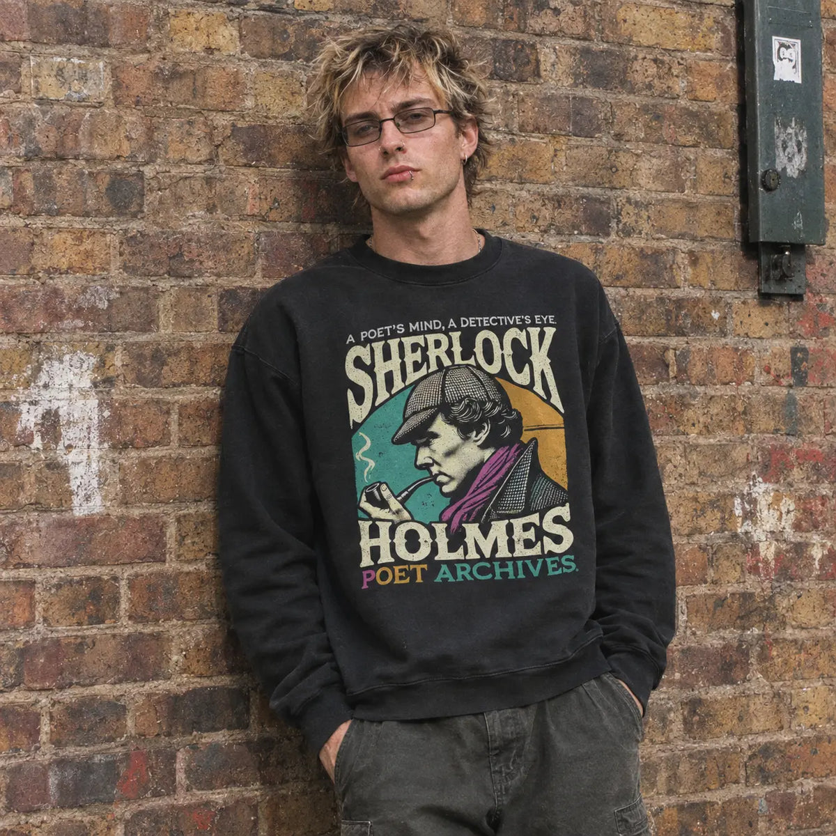 Man wearing the Sherlock Holmes Sweatshirt in black, poetcore literary style, from Poet Archives