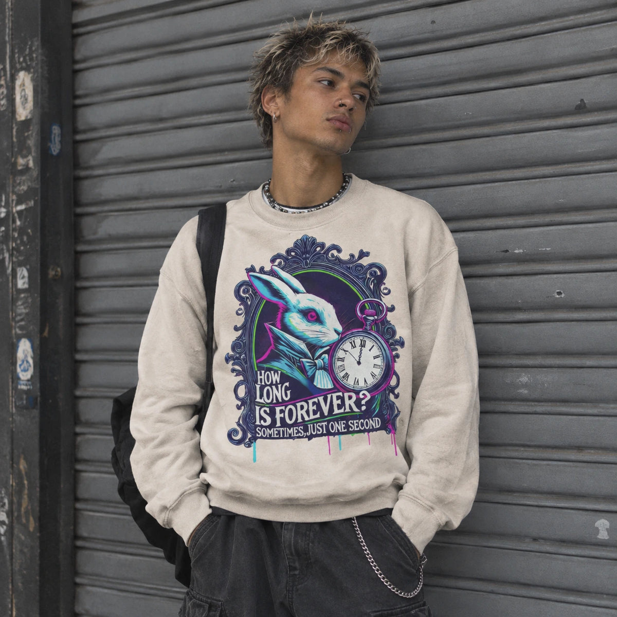 A man wearing a cream-colored crewneck sweatshirt with a colorful graphic of a rabbit and a clock, standing in front of a gray metal shutter.