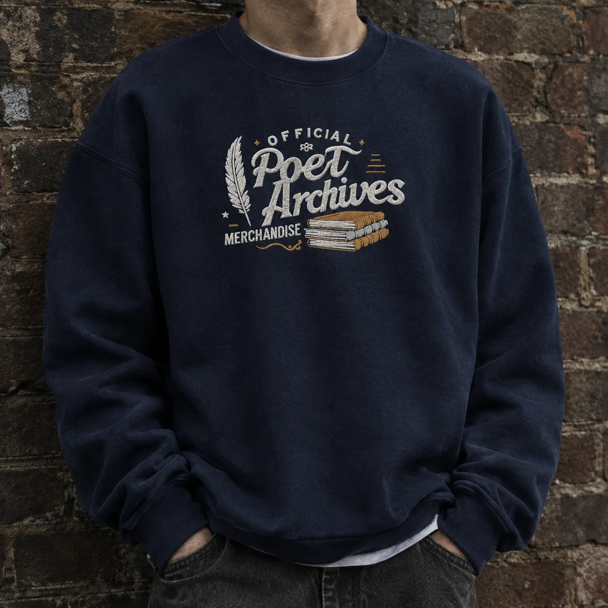 Person wearing a navy blue Official Merchandise Embroidered Sweatshirt from Poet Archives