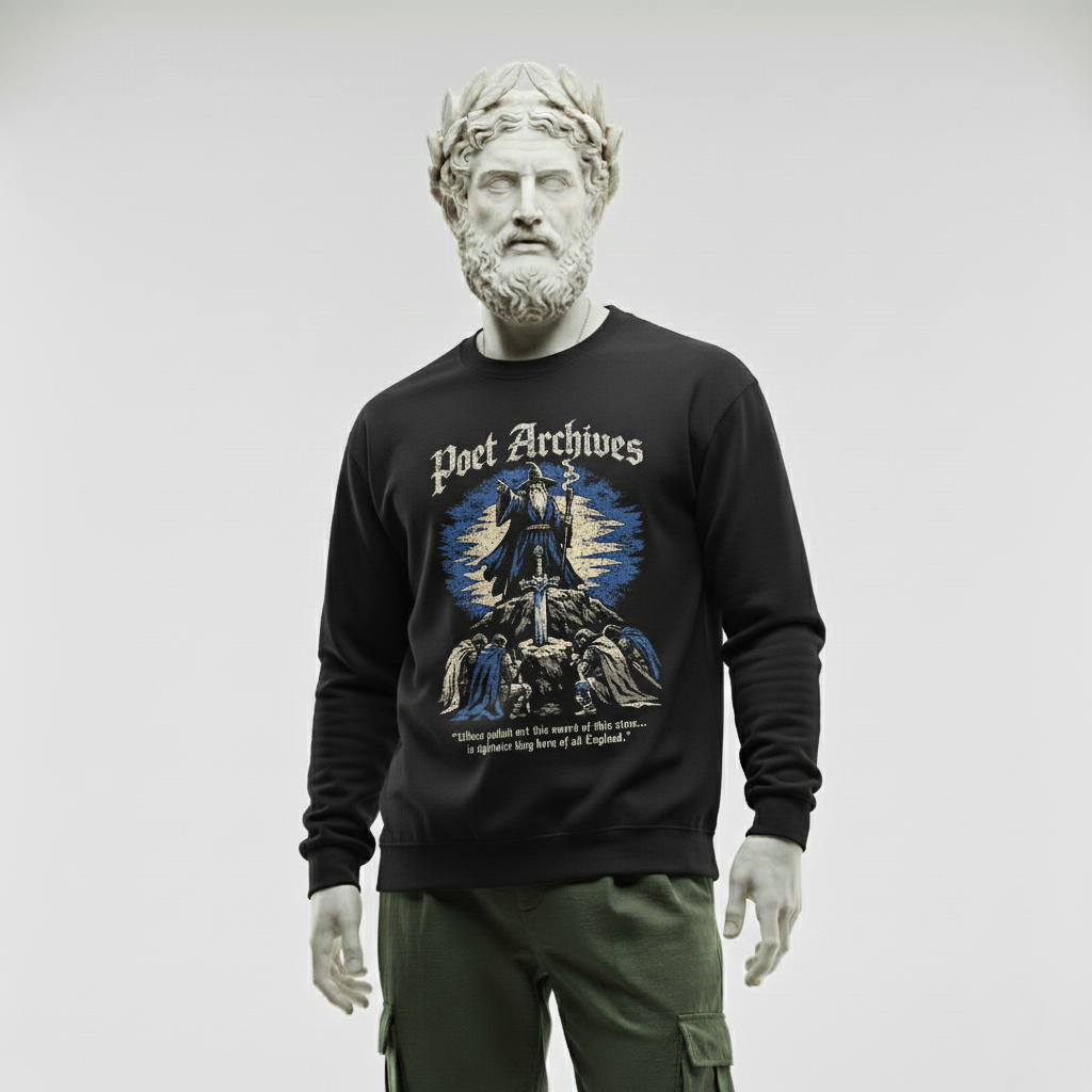 Person wearing a black sweatshirt with 'Poet Archives' design, standing against a plain background