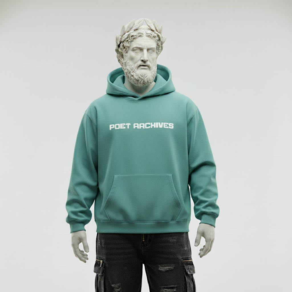Teal hoodie with 'POET ARCHIVES' text worn by a statue-like figure on a plain background