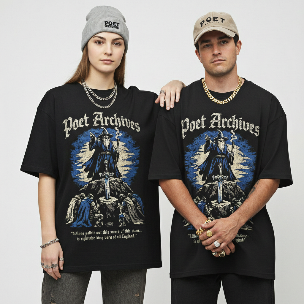 Two people wearing black 'Poet Archives' t-shirts with a graphic design on a plain background