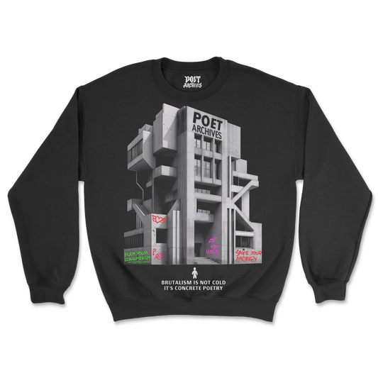 POET ARCHIVES Brutalist Sweatshirt (Black) — engraved lettering, stencil graffiti, reflective windows, bold thick outline, brutalist monolith design, unisex heavy cotton crewneck jumper