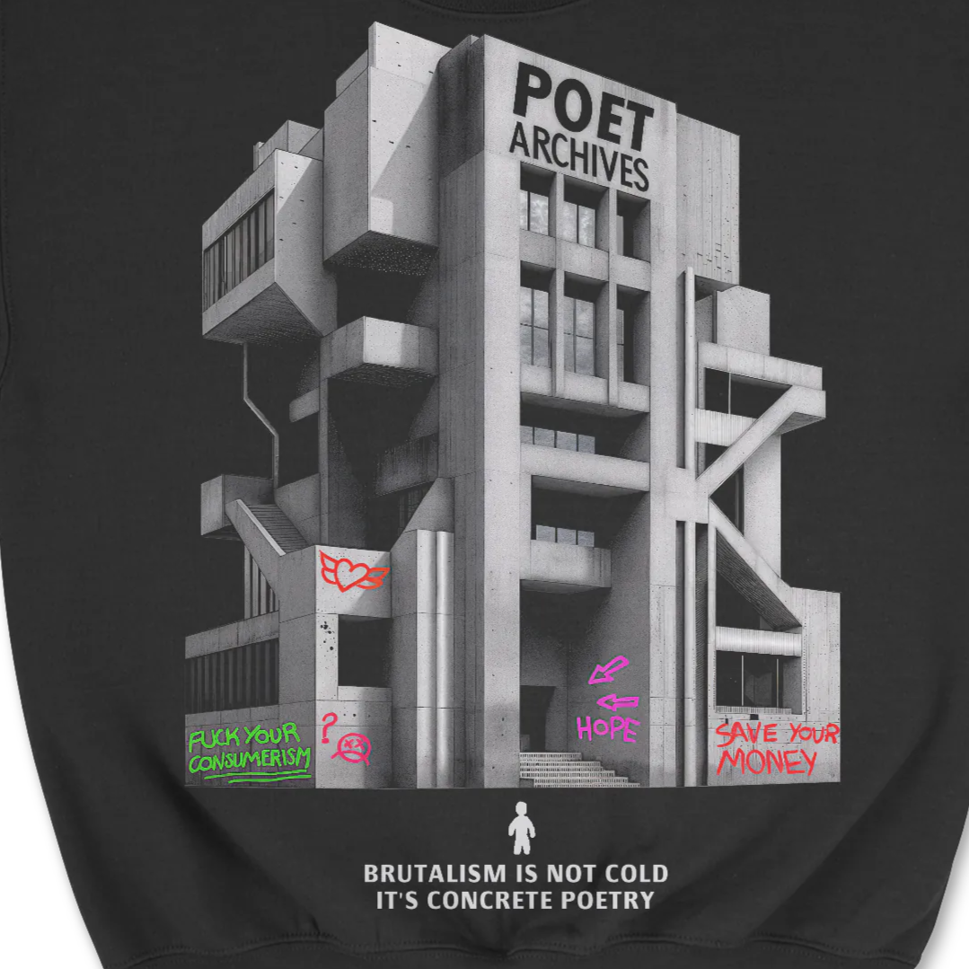 POET ARCHIVES Brutalist Sweatshirt (Black) — engraved lettering, stencil graffiti, reflective windows, bold thick outline, brutalist monolith design, unisex heavy cotton crewneck jumper