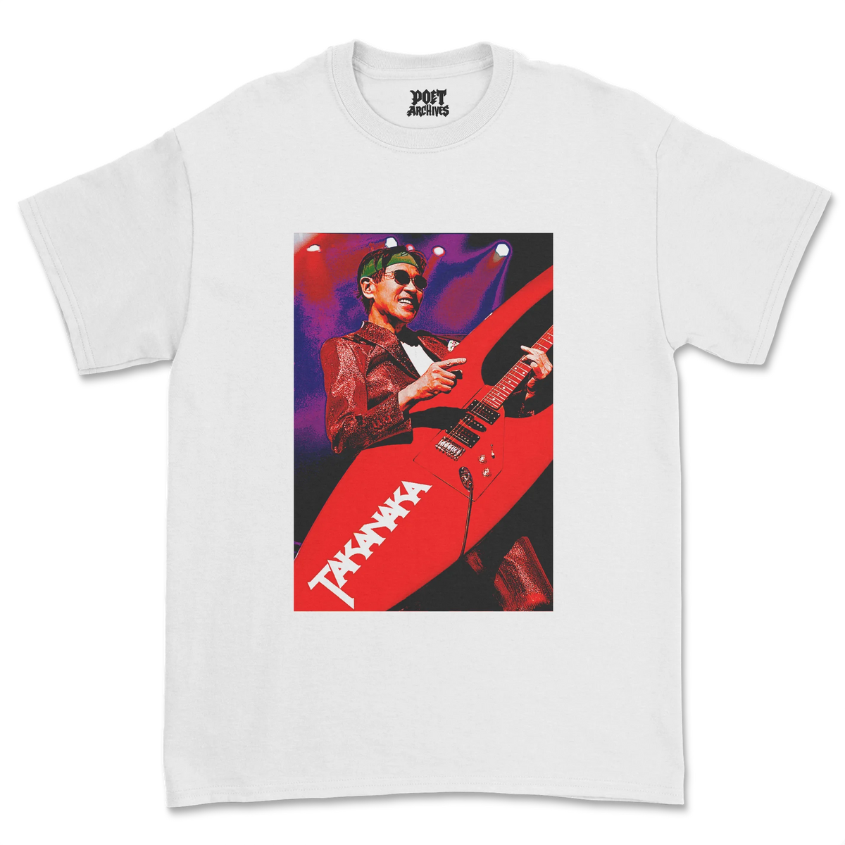 A white short-sleeve crewneck t-shirt featuring a large graphic print of a guitarist on a red electric guitar with the word 'TAKAYAKA' printed on it. The inner collar shows the brand name 'Poet Archives'.