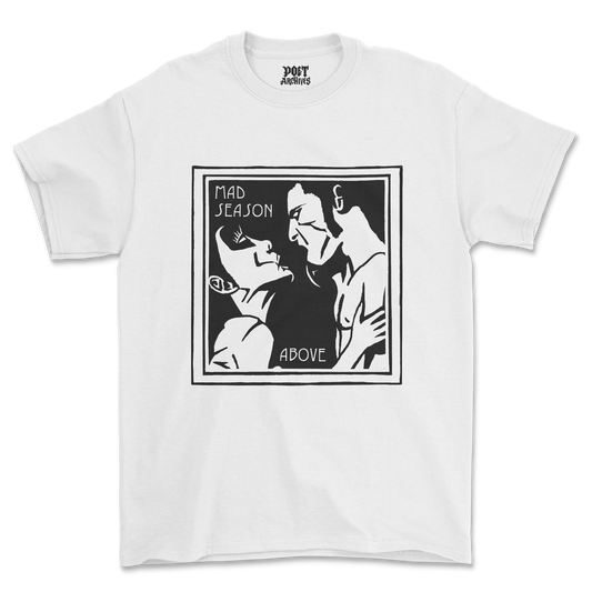 MAD SEASON T-SHIRT laid flat, front view showing the Mad Season graphic print design, from Poet Archives