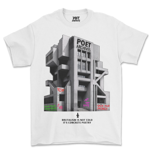 POET ARCHIVES Brutalist Tee (White) — concrete poetry screen-print, engraved lettering carved into facade, bold outlines, stencil graffiti accents, reflective windows, clear stairs, unisex heavy-cotton graphic tee