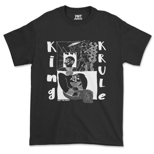 Black King Krule graphic T-shirt laid flat, featuring artwork inspired by the Man Alive!, The Ooz and 6 Feet Beneath the Moon albums, from Poet Archives