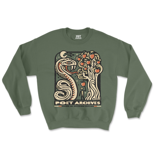 Sweatshirt featuring an illustrated graphic of a snake, a tree with hearts, and apples, with 'Are We Becoming God' text, from Poet Archives