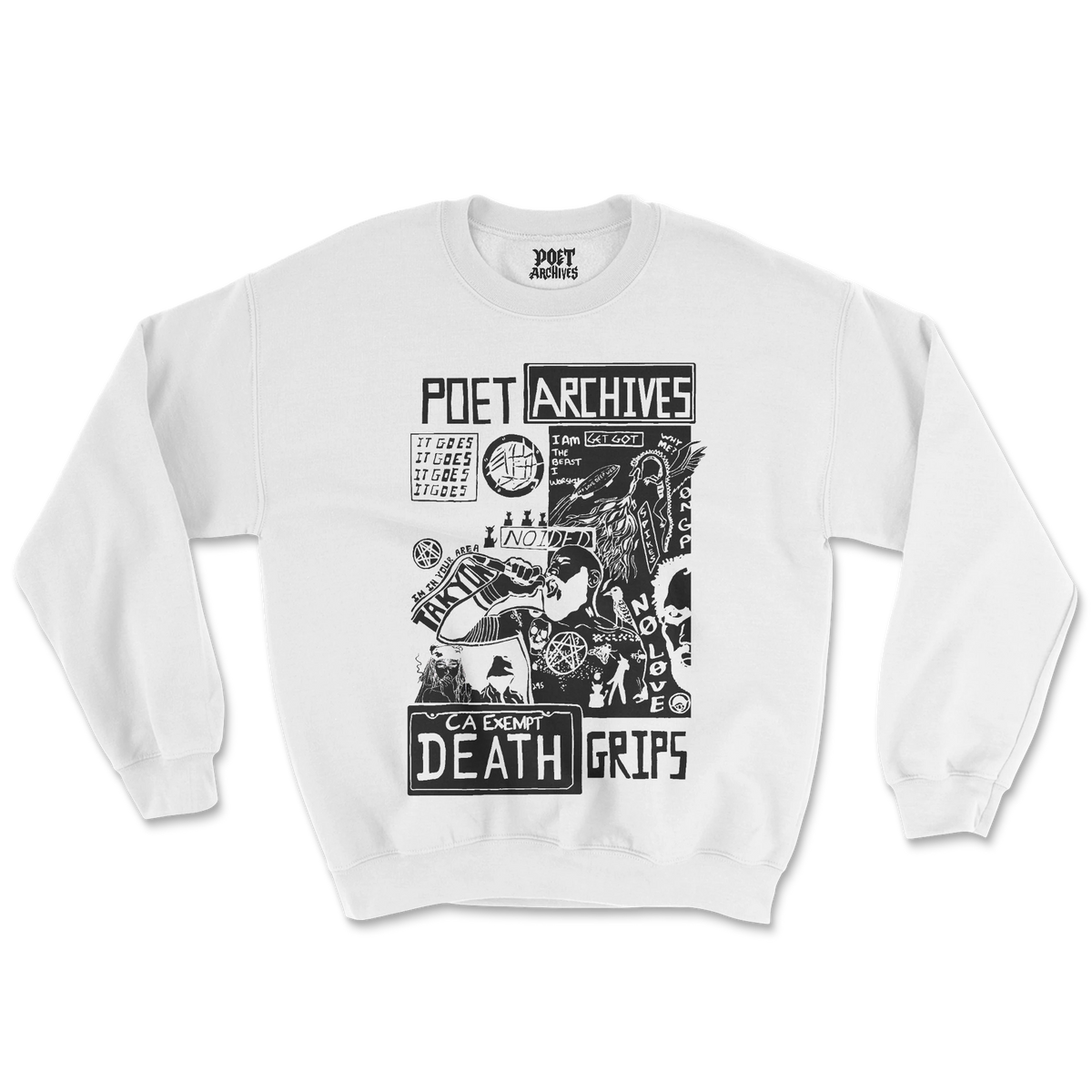 Death Grips graphic sweatshirt laid flat, featuring a black-and-white collage-style graphic across the chest, from Poet Archives