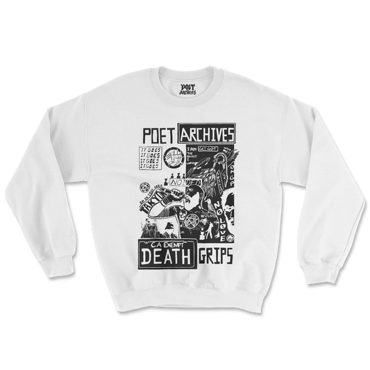 Death Grips graphic sweatshirt laid flat, featuring a black-and-white collage-style graphic across the chest, from Poet Archives