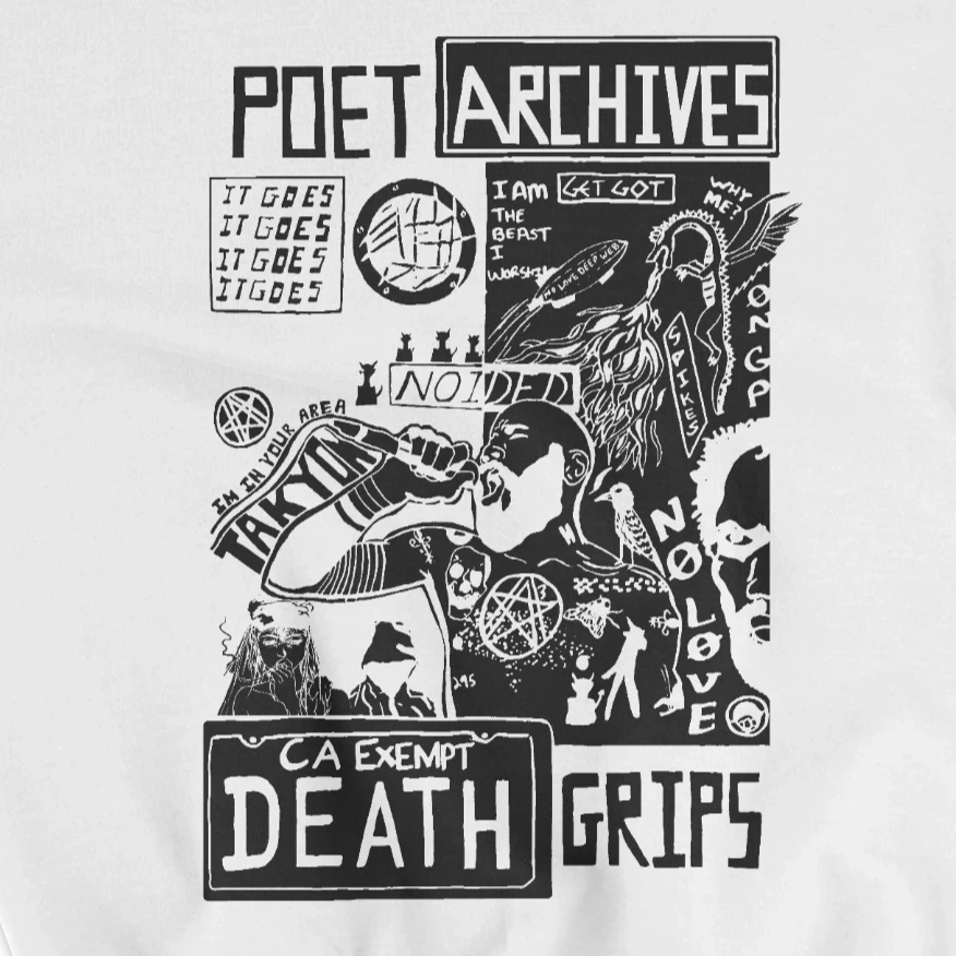 Close-up of the black-and-white collage graphic print on a Death Grips sweatshirt from Poet Archives