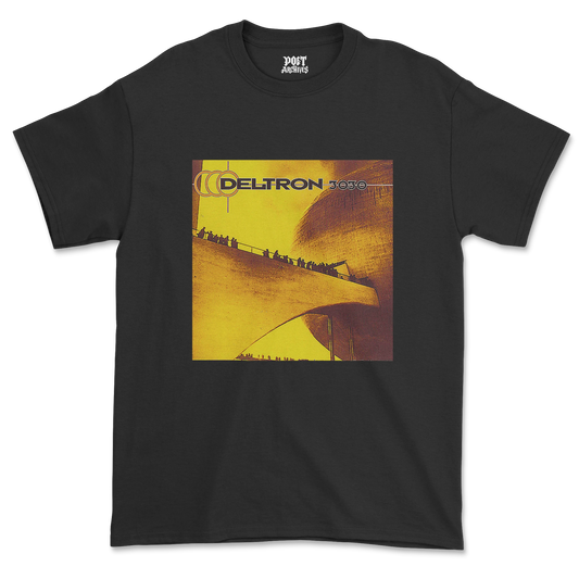 Deltron 3030 T-Shirt in black, laid flat and featuring the sci-fi concept album's iconic graphic artwork, from Poet Archives