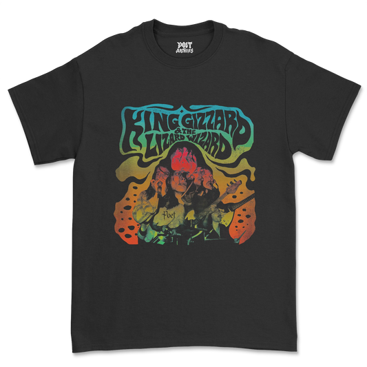 KING GIZZARD & THE LIZARD WIZARD T-SHIRT laid flat, front view showing the band's graphic print design on a black tee, from Poet Archives