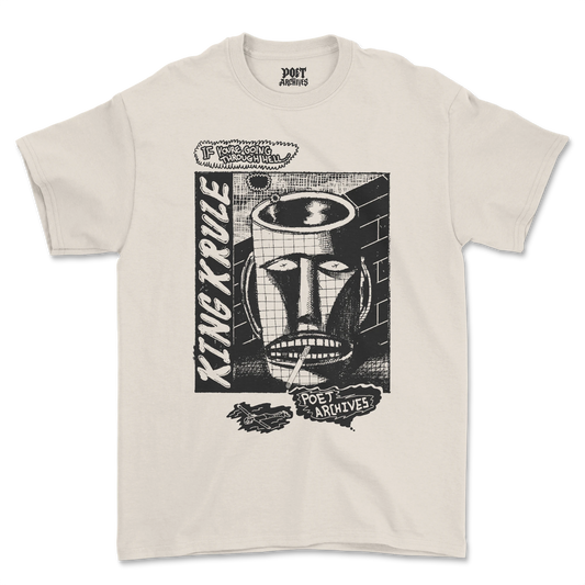 Beige King Krule graphic T-shirt laid flat, printed with the 'Going Through Hell' lyric-inspired design referencing Man Alive! and The Ooz, from Poet Archives