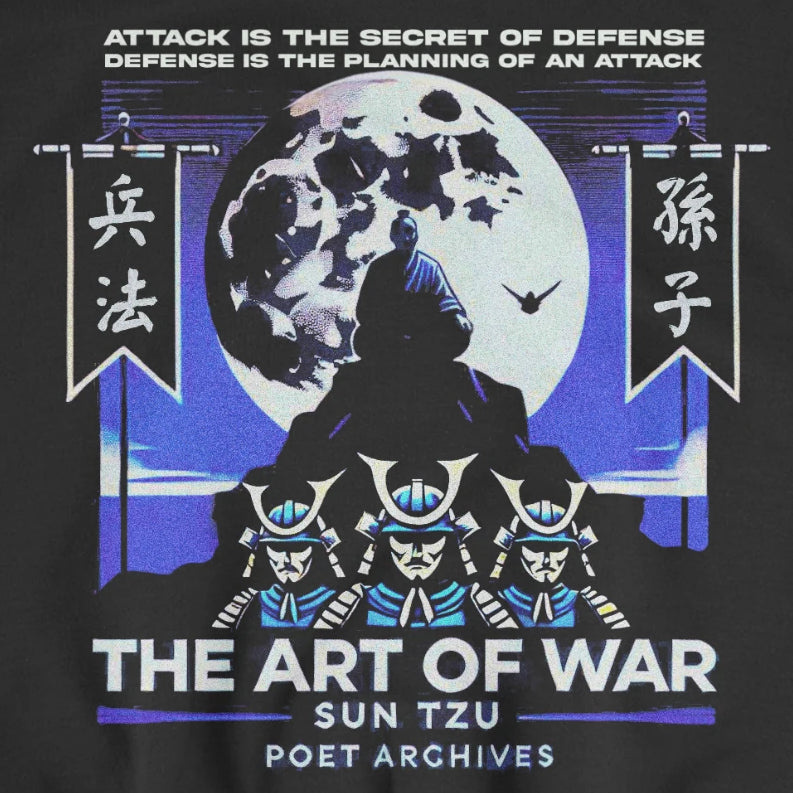 A black crewneck sweatshirt with a detailed graphic print on the front, featuring a moon, silhouettes, and Japanese characters with the text 'THE ART OF WAR' and 'SUN TZU POET ARCHIVES'.