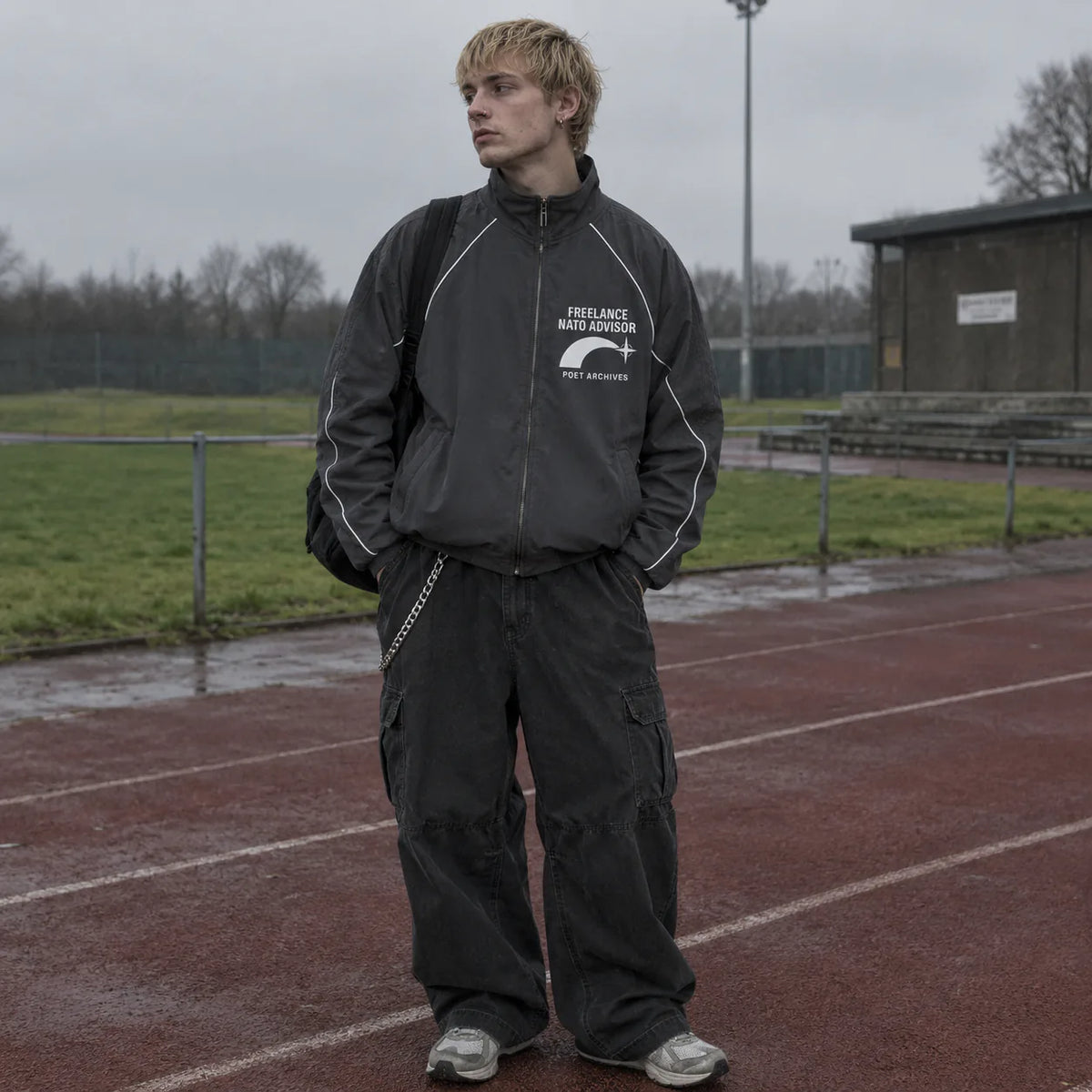 A man stands on a wet red running track wearing a dark gray zip-up jacket with white piping and a white chest logo that reads 'FREEDOM BASE JACKET' and 'POET ARCHIVES', paired with dark cargo pants and gray sneakers.
