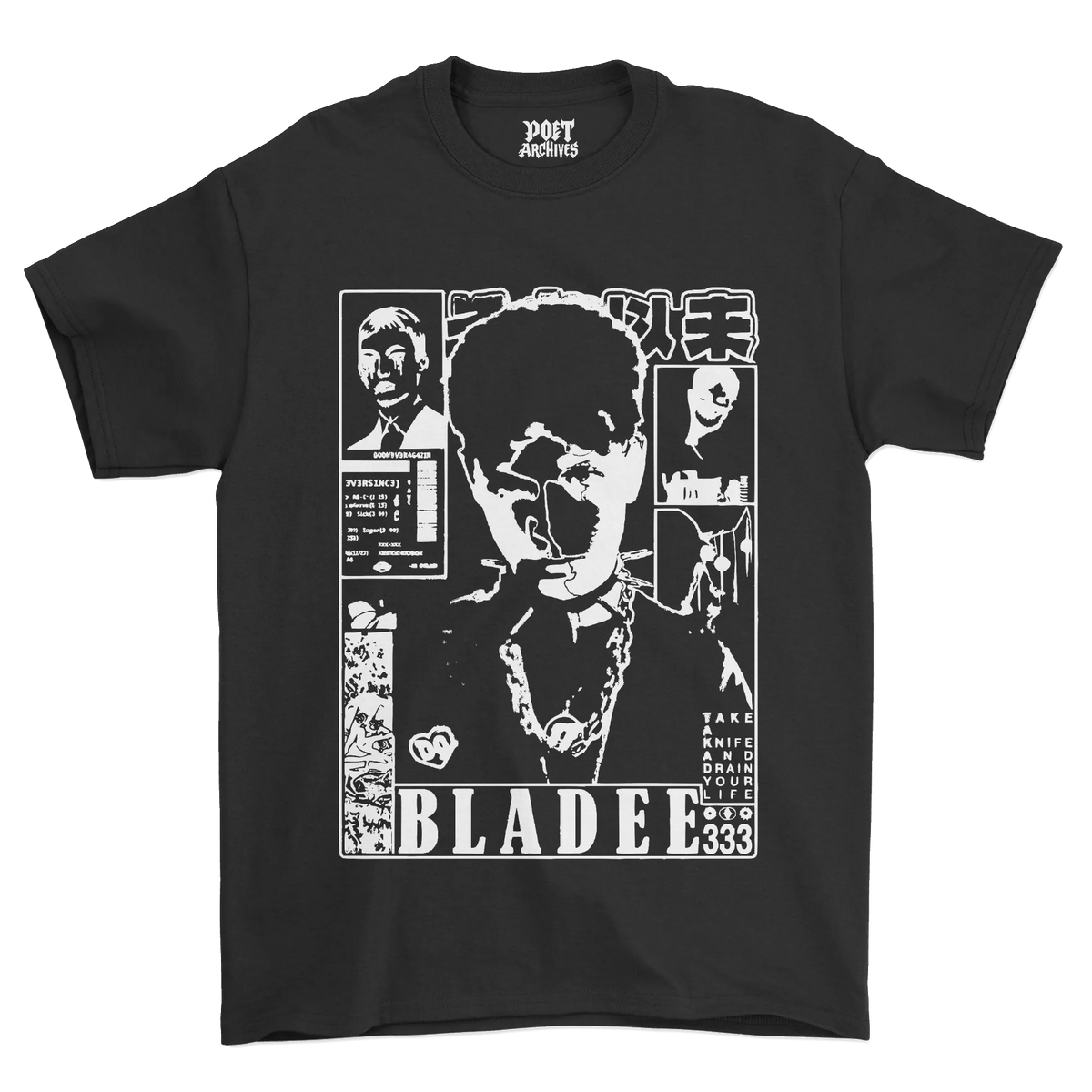 A black short-sleeve graphic t-shirt featuring a large white and gray collage print of the character Blade on the front, with the text 'BLADEE' and '333' at the bottom. The inner neck label shows the brand 'POET ARCHIVES'.