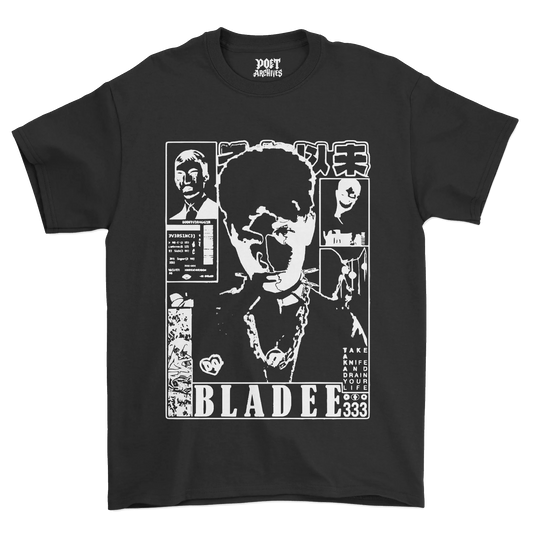 A black short-sleeve graphic t-shirt featuring a large white and gray collage print of the character Blade on the front, with the text 'BLADEE' and '333' at the bottom. The inner neck label shows the brand 'POET ARCHIVES'.