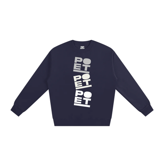 Navy blue sweatshirt with white text on a white background