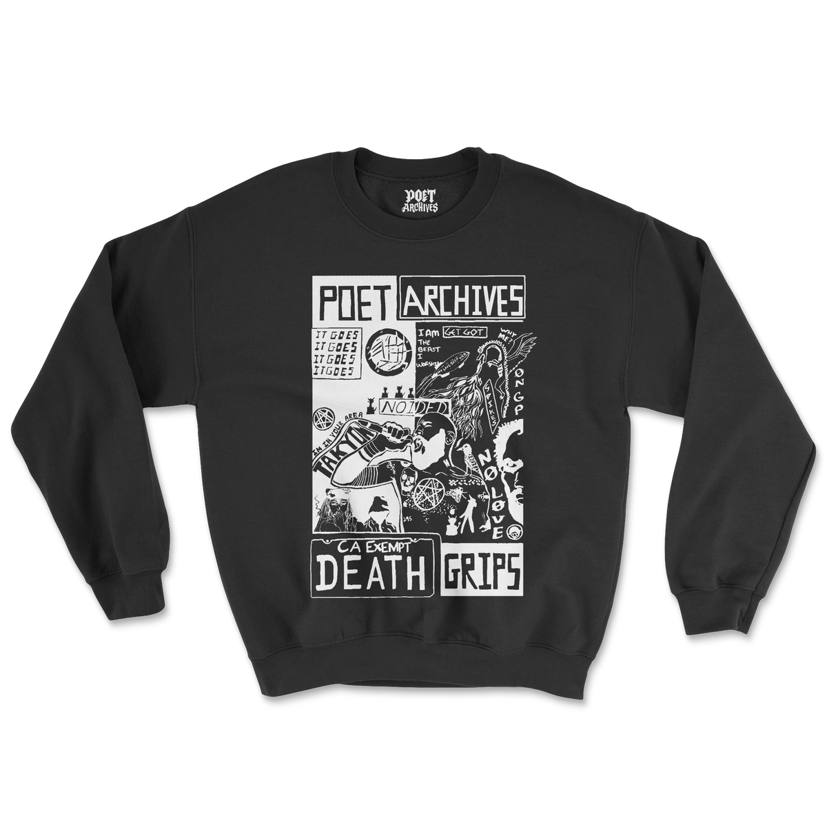 Death Grips graphic sweatshirt laid flat in an alternate colourway, featuring a black-and-white collage-style graphic across the chest, from Poet Archives