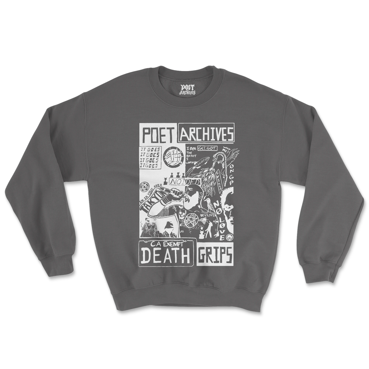 Death Grips graphic sweatshirt laid flat in an alternate colourway, featuring a black-and-white collage-style graphic across the chest, from Poet Archives