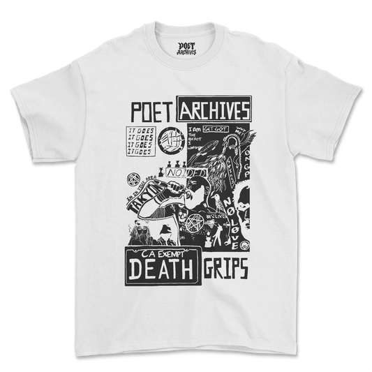 White DEATH GRIPS T-SHIRT laid flat, featuring a black-and-white collage graphic with 'Poet Archives', 'No Love', a screaming figure, and a 'CA Exempt DEATH GRIPS' license plate design printed across the chest