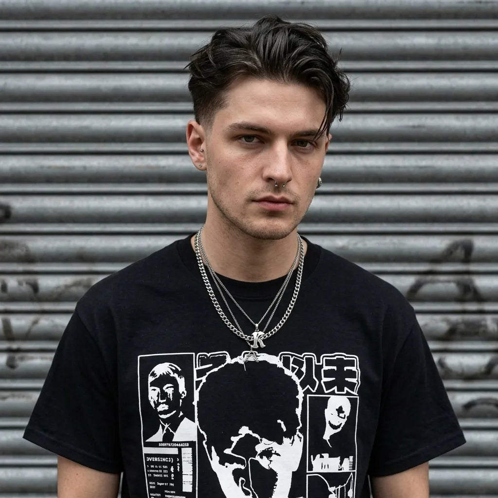 A young man with styled dark hair stands in front of a gray metal shutter, wearing a black graphic t-shirt with a white print of Bladee and silver chain necklaces.