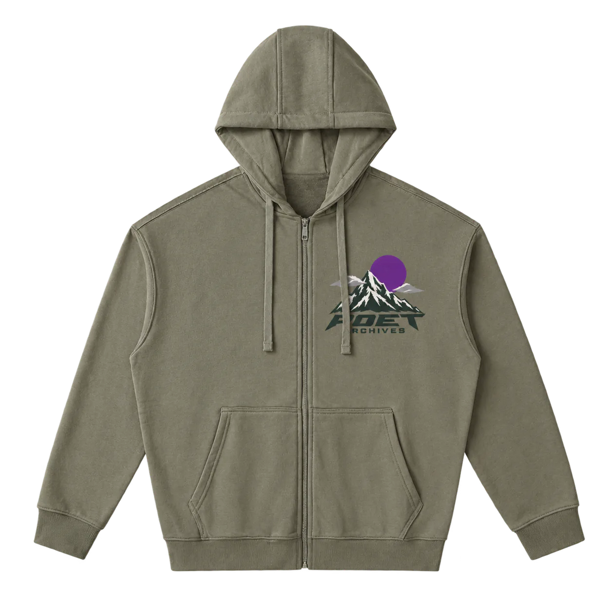 An olive green zip-up hoodie with a drawstring hood, kangaroo pockets, and a graphic on the left chest featuring a purple sun, white and gray mountains, and the text 'POET ARCHIVES'.