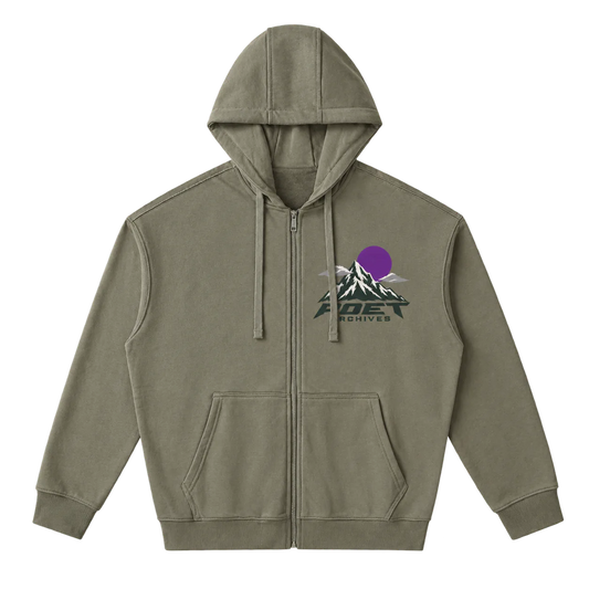 An olive green zip-up hoodie with a drawstring hood, kangaroo pockets, and a graphic on the left chest featuring a purple sun, white and gray mountains, and the text 'POET ARCHIVES'.