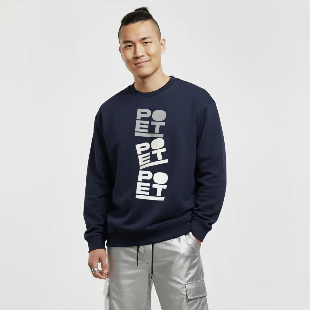 Man wearing a navy blue sweatshirt with 'POET' text on a white background