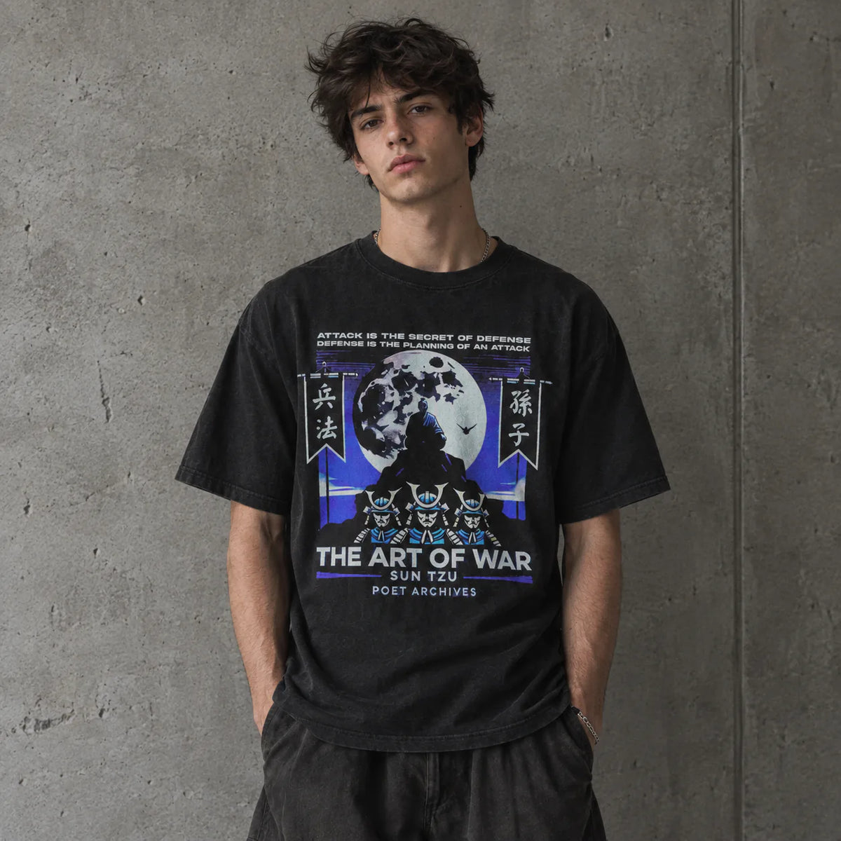 The Art of War T-Shirt from Poet Archives, featuring a samurai silhouette design under a moon and sun