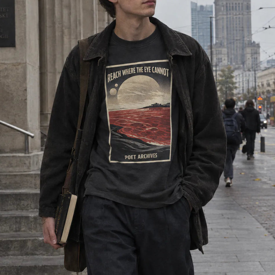A man walking on a city street wearing a dark graphic t-shirt with a vintage-style red and beige print that reads 'REACH WHERE THE EYE CANNOT SEE / POET ARCHIVES'.