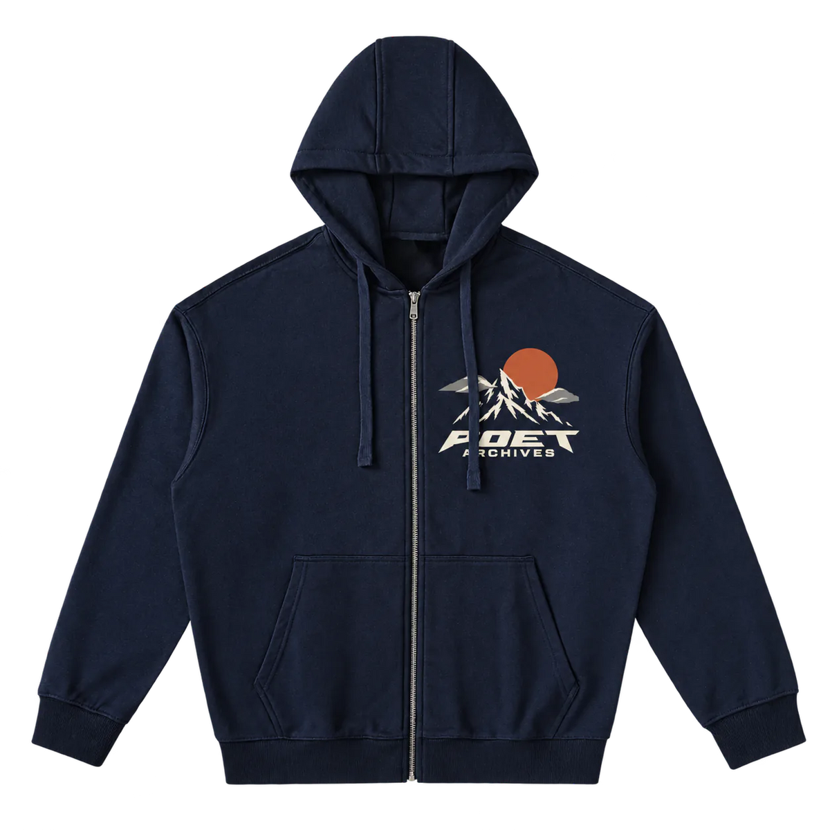 A navy blue zip-up hoodie with a drawstring hood, kangaroo pockets, and a chest graphic featuring mountains, a sun, and the text 'POET ARCHIVES'.